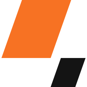 Two parallelograms, one large and orange, the other small and black, are tilted and partially overlap on a black background.
