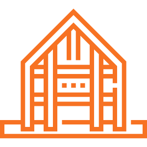 Orange line drawing of a barn with a peaked roof and large central doorway, set against a transparent background.