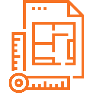 Orange line drawing of a blueprint with a floor plan, a triangular ruler, and a measuring tape, symbolizing architecture or design concepts, on a transparent background.