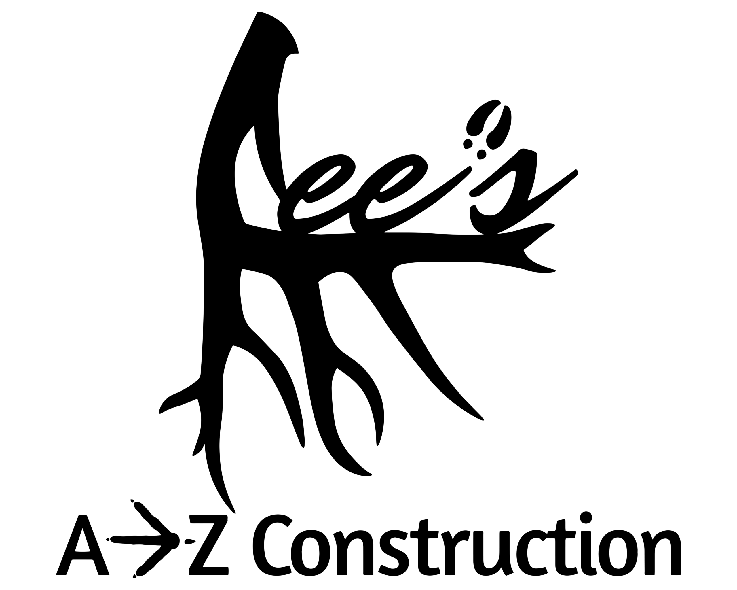 Logo for Lees A-Z Construction featuring stylized, tree-like lettering for Lees above bold text reading A→Z Construction with an arrow pointing from A to Z. The design has a white outline on a black background.