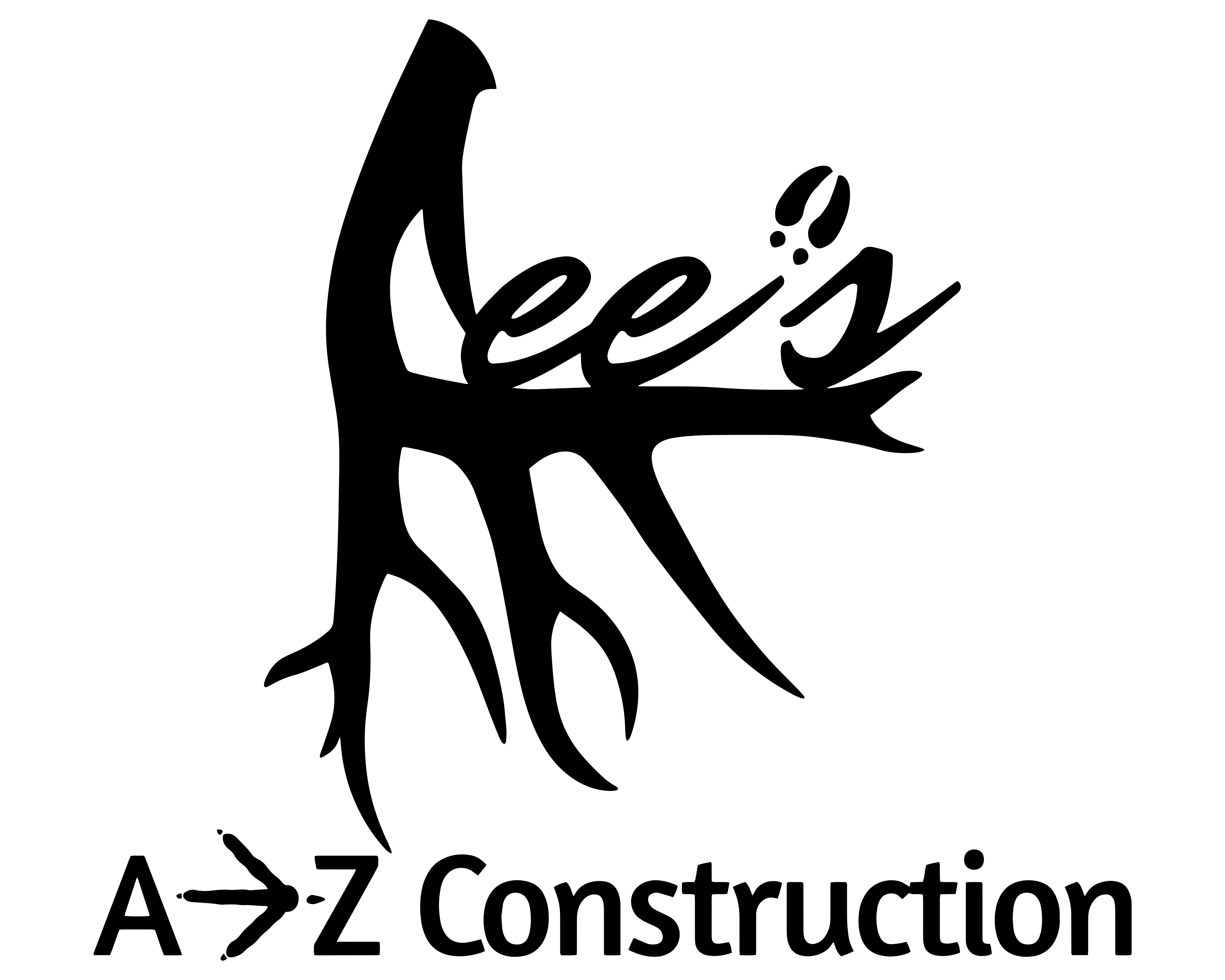 Logo for Lees A-Z Construction featuring stylized, tree-like lettering for Lees above bold text reading A→Z Construction with an arrow pointing from A to Z. The design has a white outline on a black background.