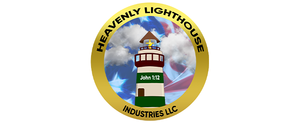 A gold circular logo featuring a lighthouse with clouds and John 1:12 on it, against a sky background. The text around the circle reads Heavenly Lighthouse Industries LLC.
