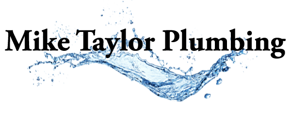 Text Mike Taylor Plumbing in bold black font over a background featuring a splash of water with geometric, blue-toned shapes.