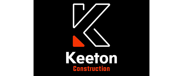 Large white outlined K with an orange triangle at the lower left, above the word Keeton in white and Construction in orange, all on a black background.