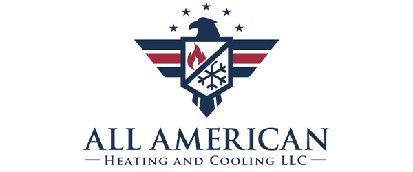 Logo for All American Heating and Cooling LLC featuring a stylized eagle with outstretched wings, stars above, and a shield with a flame and snowflake symbol. The text is below the logo.