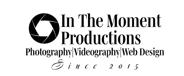 Logo for In The Moment Productions with a camera shutter icon. Below, text reads Photography | Videography | Web Design and Since 2015 in script font.